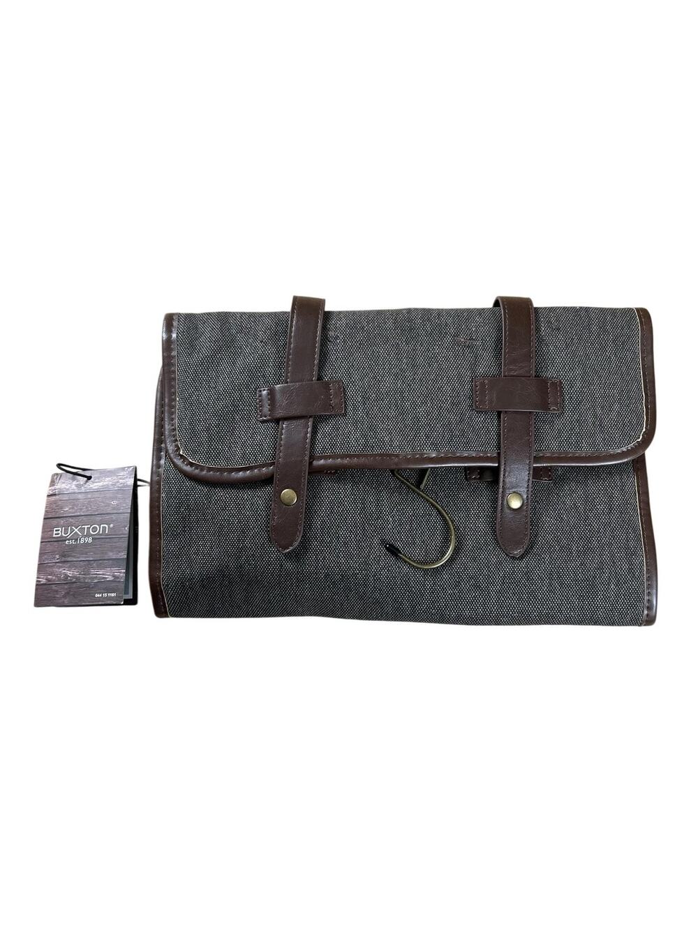 Buxton Clutch Mens Small Brown Canvas Faux Leather Lined Hanging Travel Kit